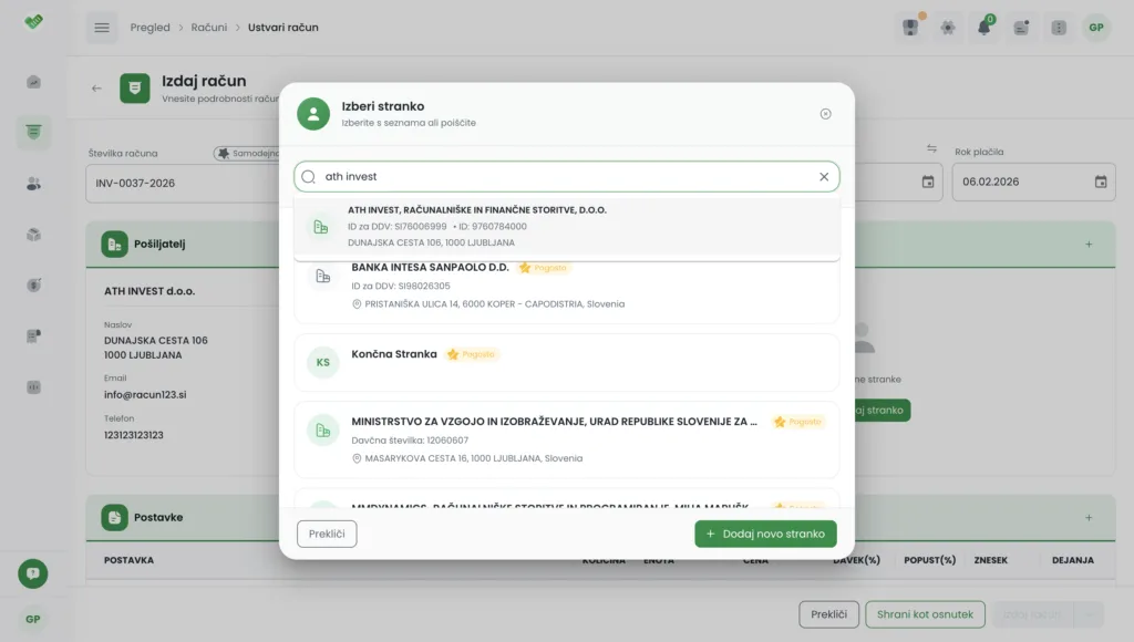 Izbira prejemnika računa v aplikaciji Račun123 z iskanjem strank in dodajanjem nove stranke