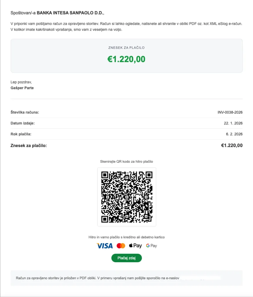Račun123 e-mail račun z QR kodo in kartičnim plačilom