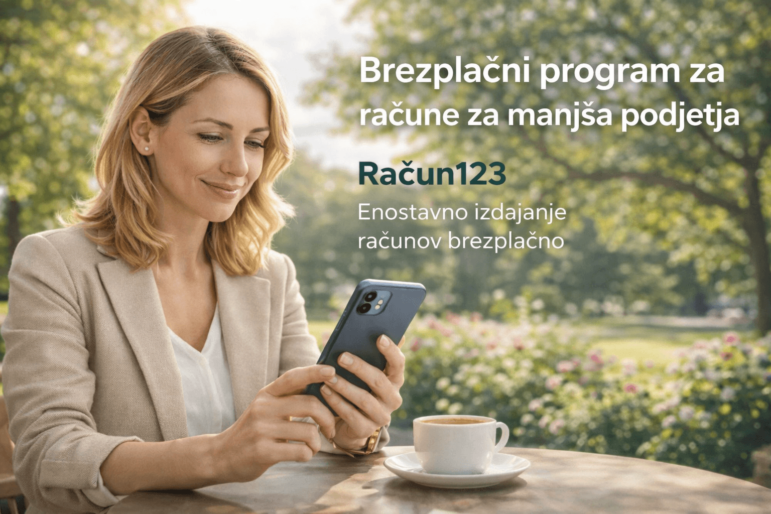Podjetnica izdaja račun na telefonu v aplikaciji Račun123 – brezplačni program za izdajanje računov za s.p. in mala podjetja