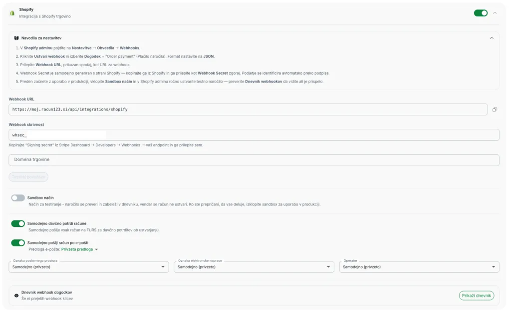 Nastavitve Shopify integracije v aplikaciji Račun123 za samodejno ustvarjanje računov