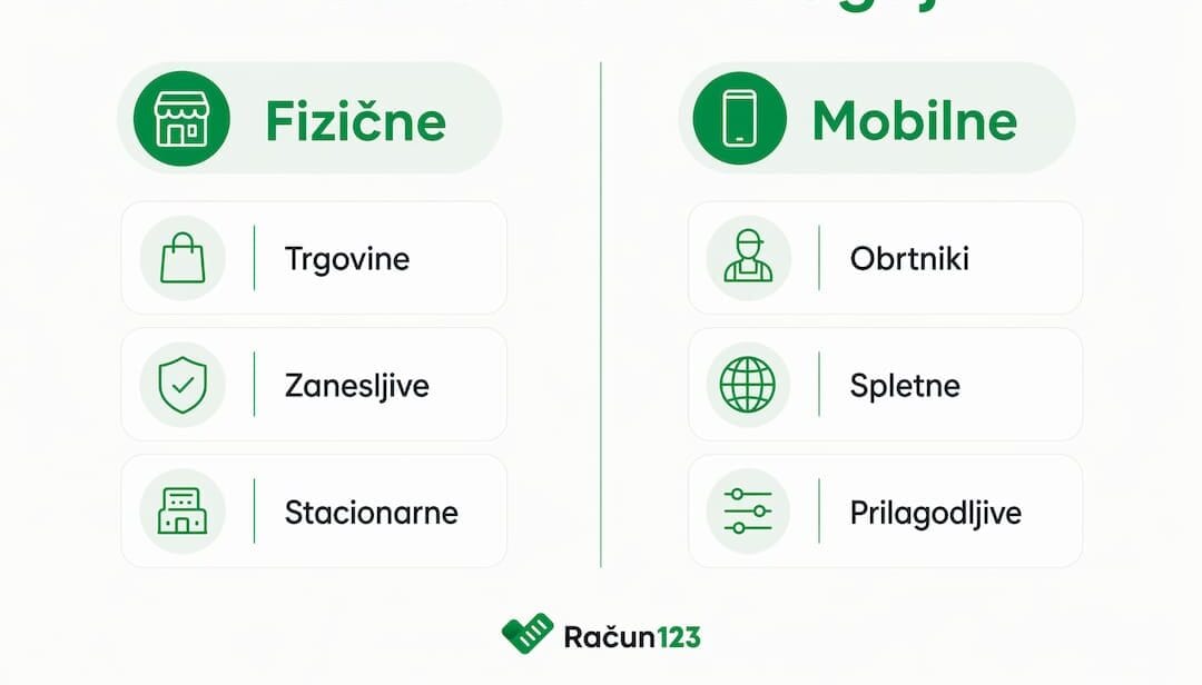 Primerjava različnih vrst davčnih blagajn za podjetnike: fizična blagajna, spletna aplikacija, mobilna aplikacija in spletna trgovina.