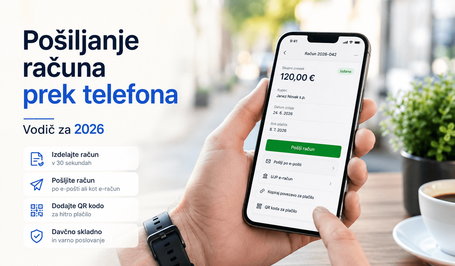 Podjetnik pošilja račun prek telefona v mobilni aplikaciji Račun123.