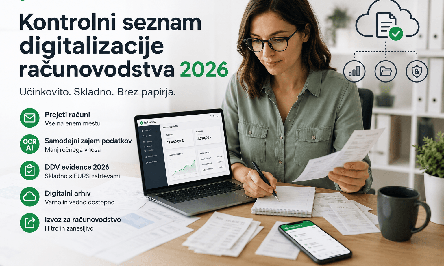 Podjetnica pregleduje račune in ureja digitalizacijo računovodstva v aplikaciji Račun123.