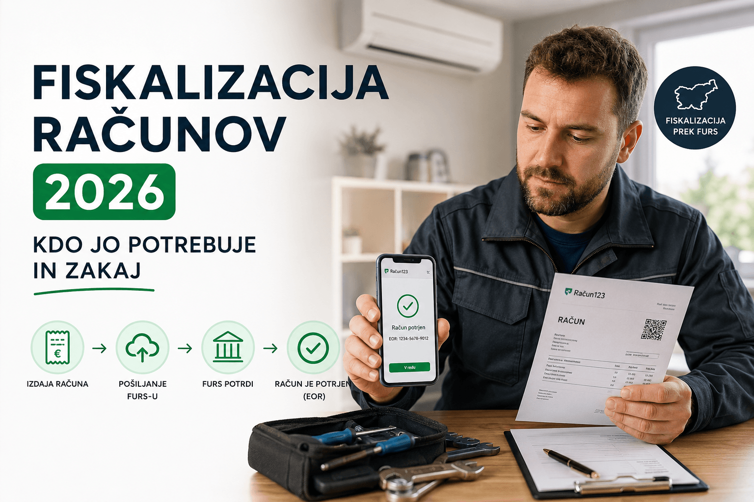 Podjetnik izdaja davčno potrjen račun v mobilni aplikaciji Račun123 na pametnem telefonu.