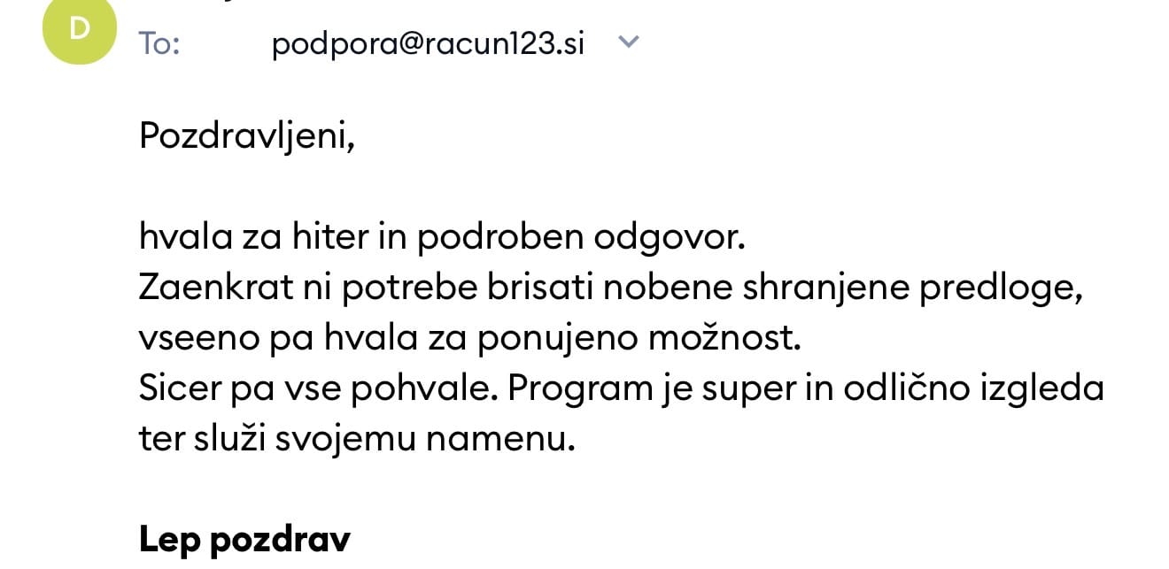 Priporočilo uporabnika poslovne aplikacije Račun123