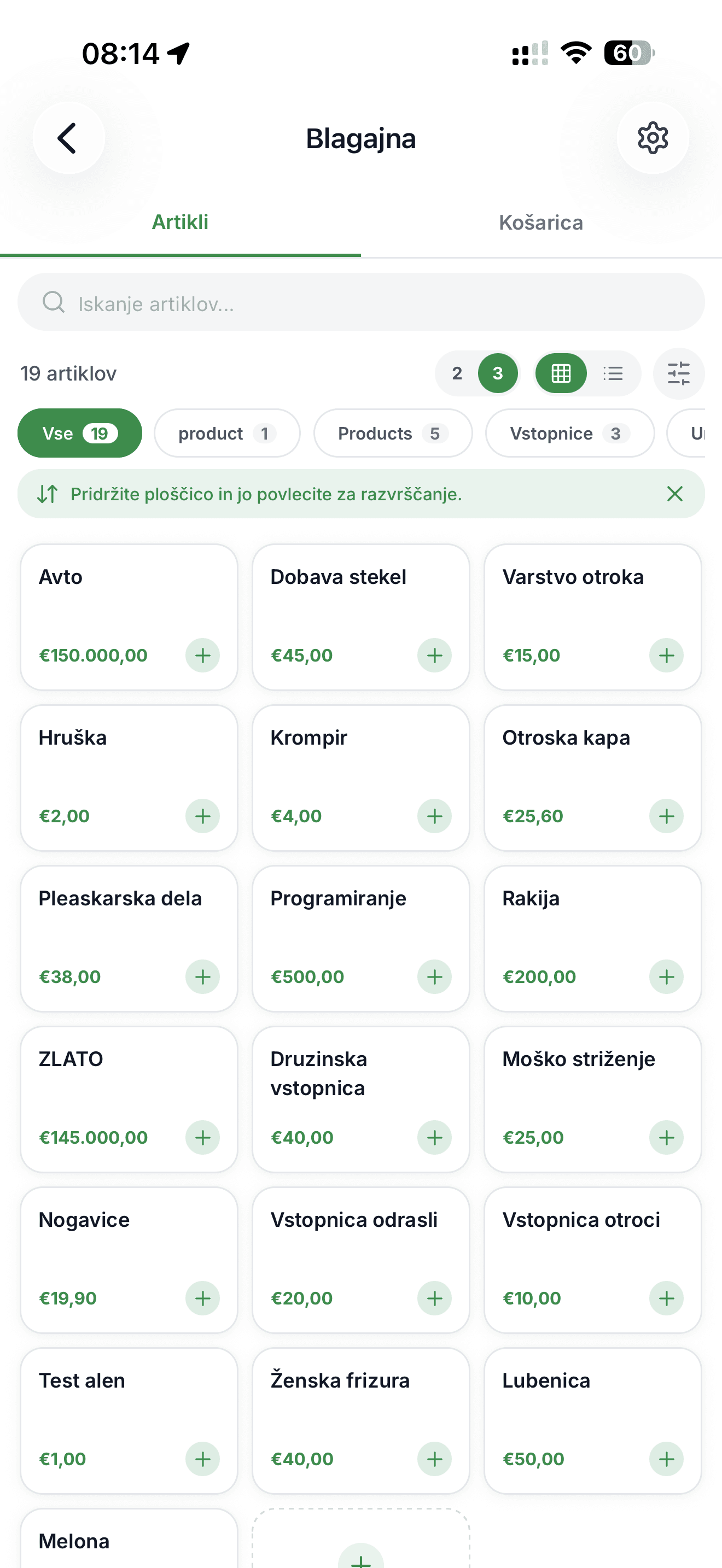 Mobilna POS blagajna Račun123 - prikaz artiklov