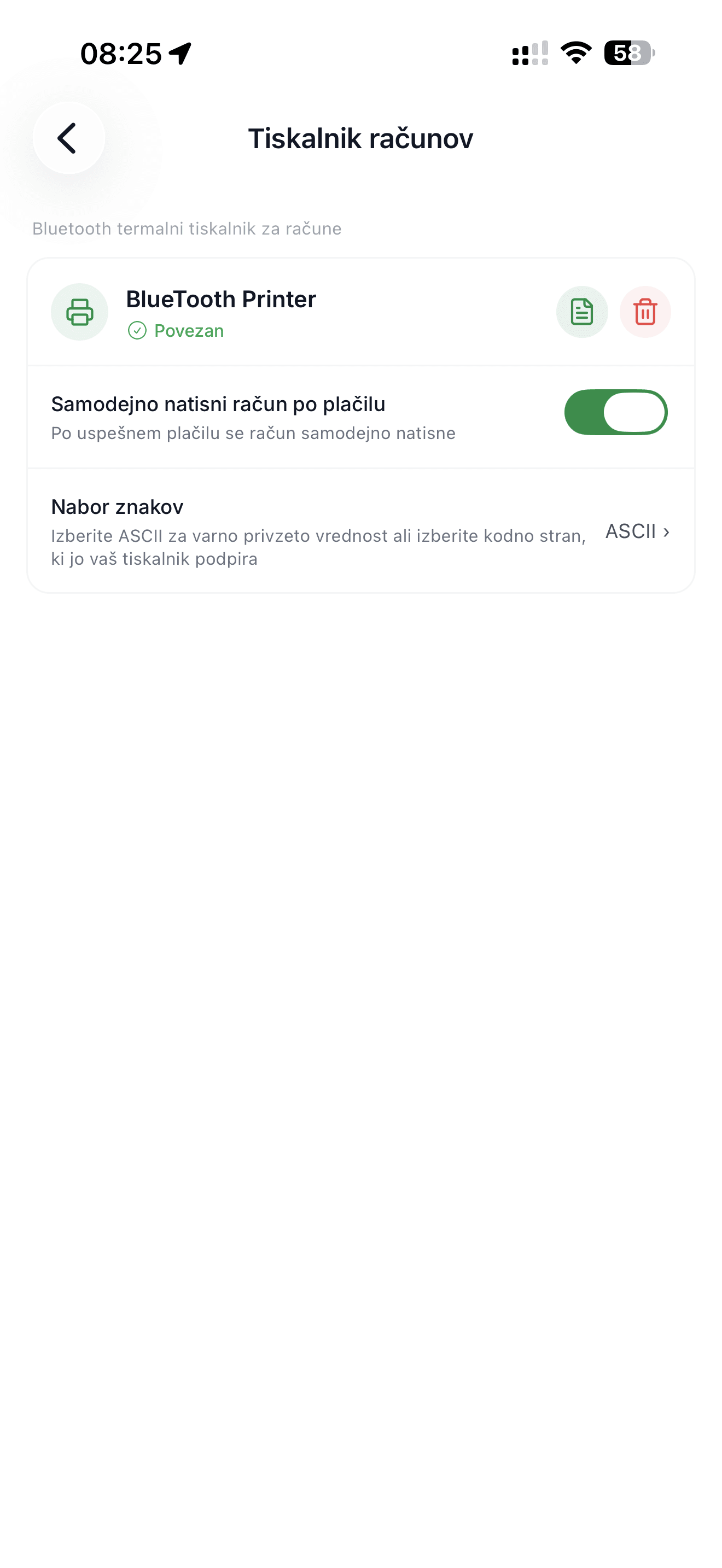 Povezan Bluetooth tiskalnik v mobilni POS blagajni Račun123