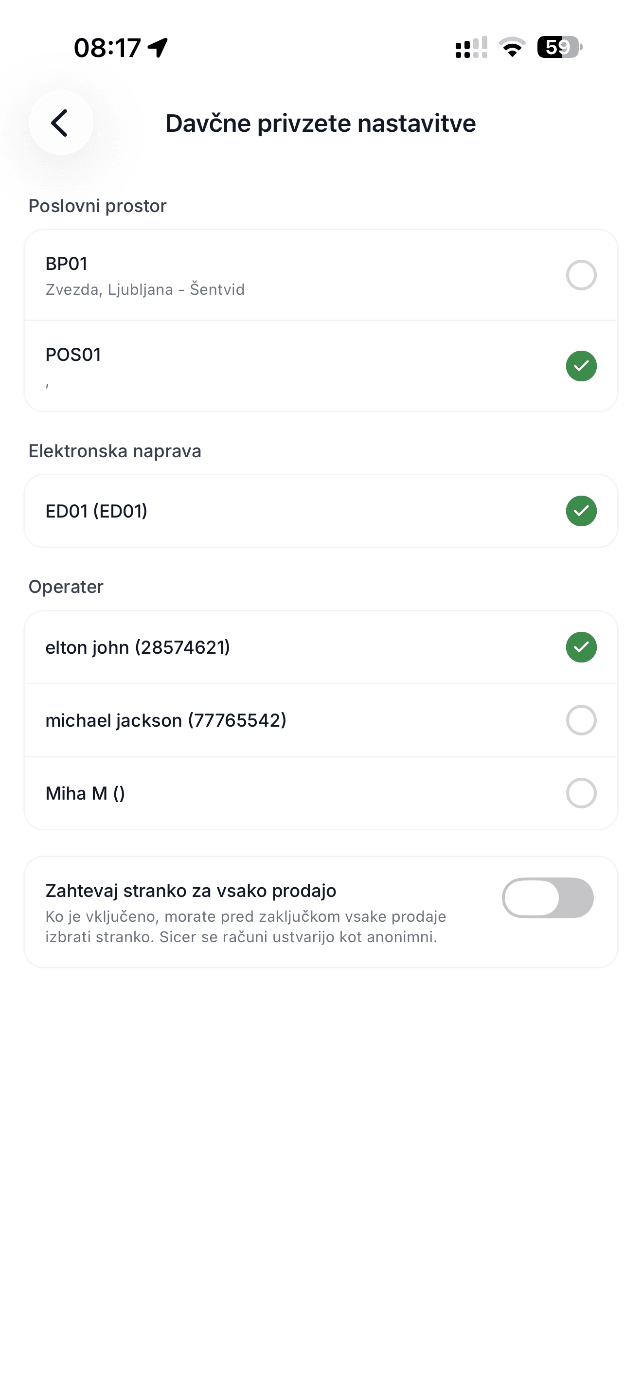 Davčne privzete nastavitve v mobilni POS blagajni Račun123
