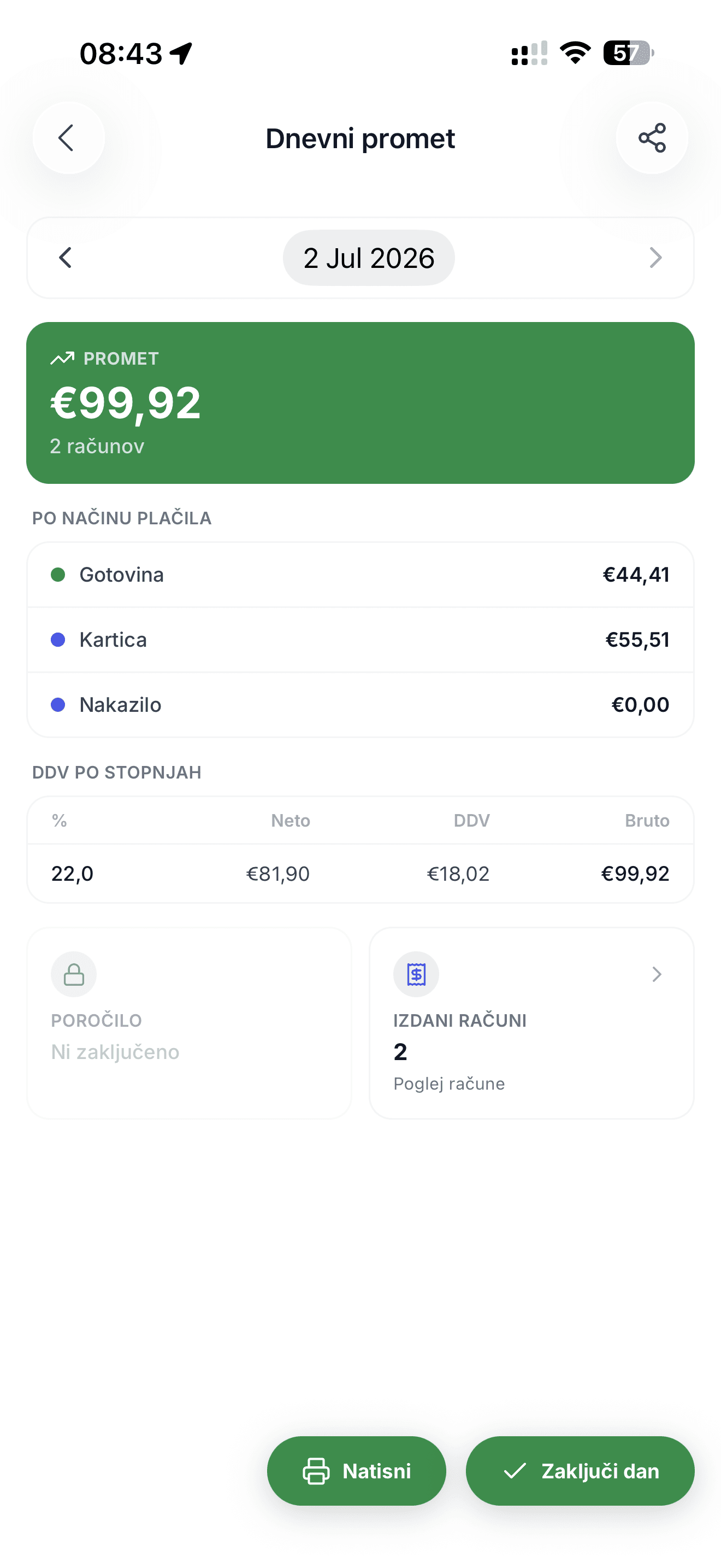 Dnevni promet v mobilni POS blagajni Račun123