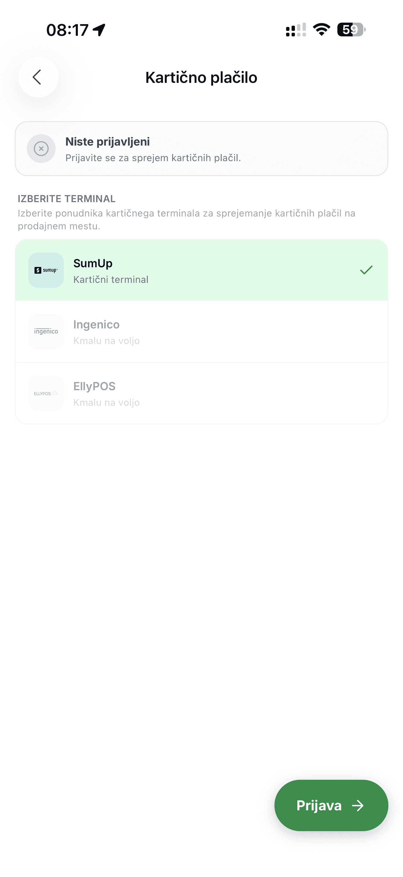 Kartično plačilo SumUp v mobilni POS blagajni Račun123