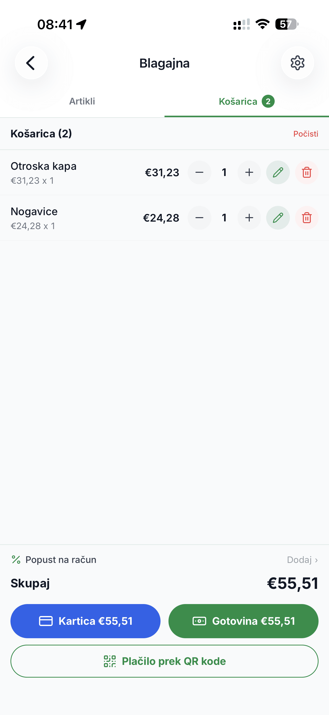 Mobilna POS blagajna Račun123 - košarica in načini plačila