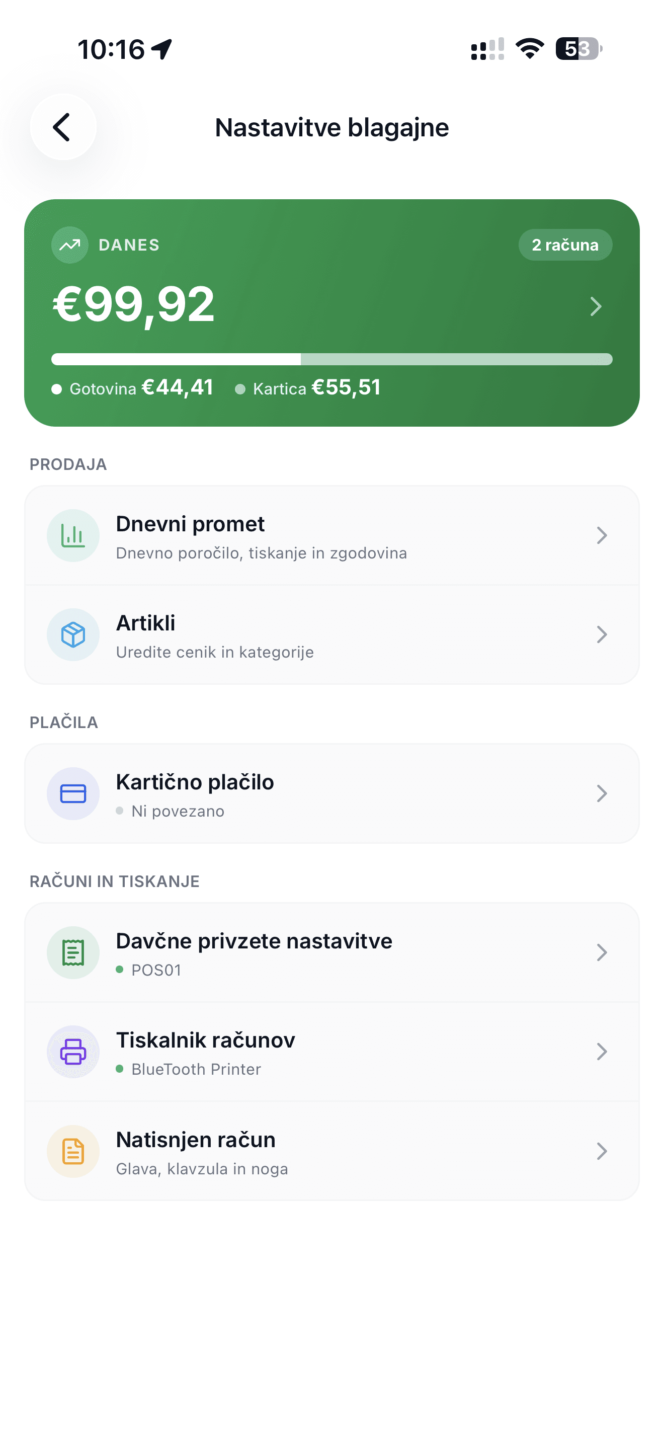 Nastavitve mobilne POS blagajne Račun123