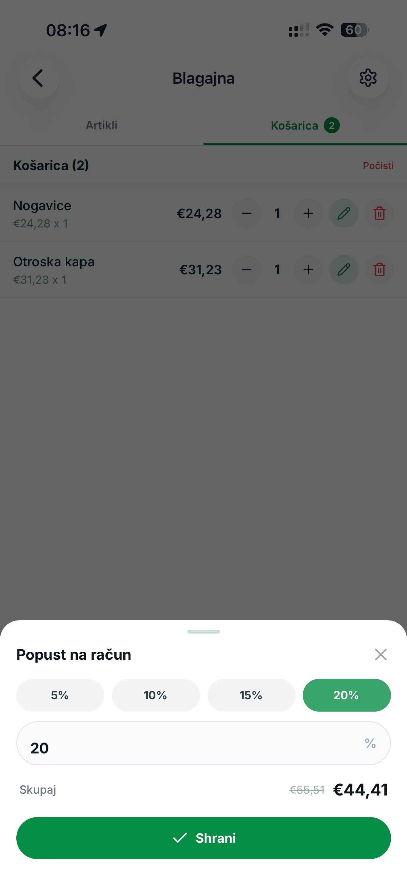 Dodajanje popusta na račun v mobilni POS blagajni Račun123