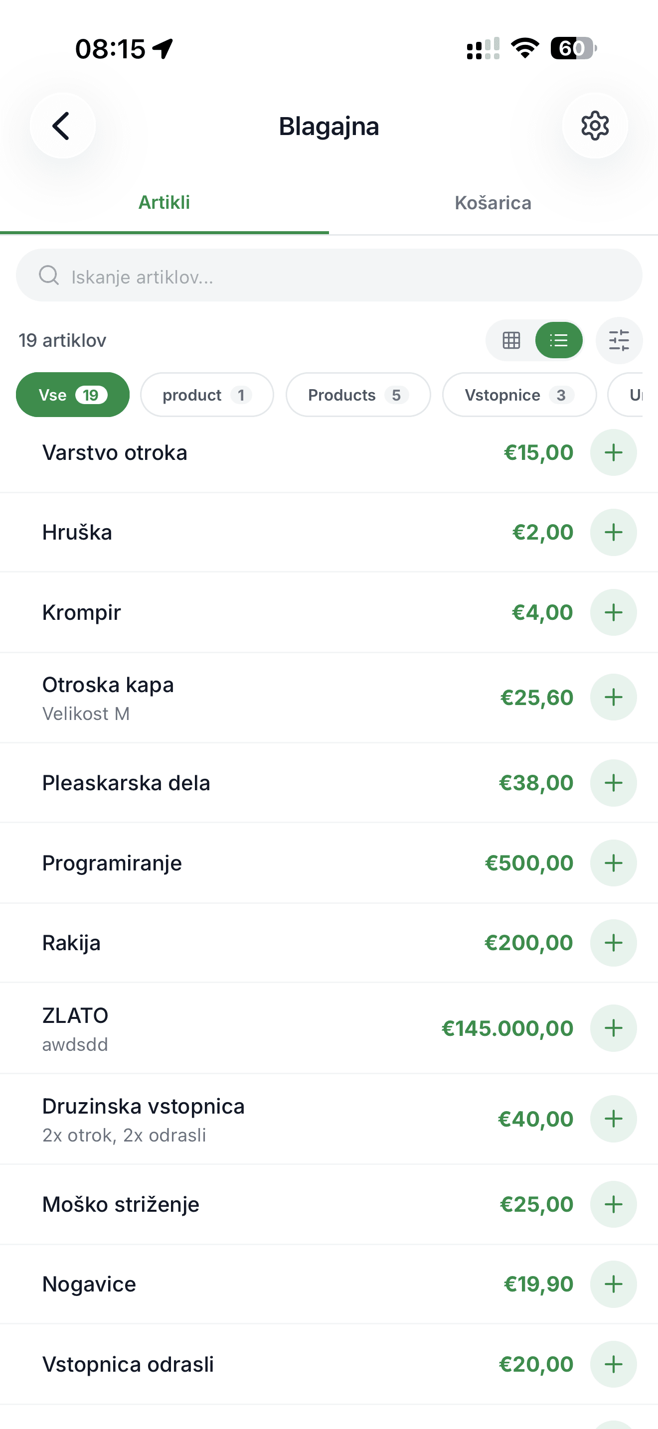 Izbira prikaza artiklov v mobilni POS blagajni Račun123