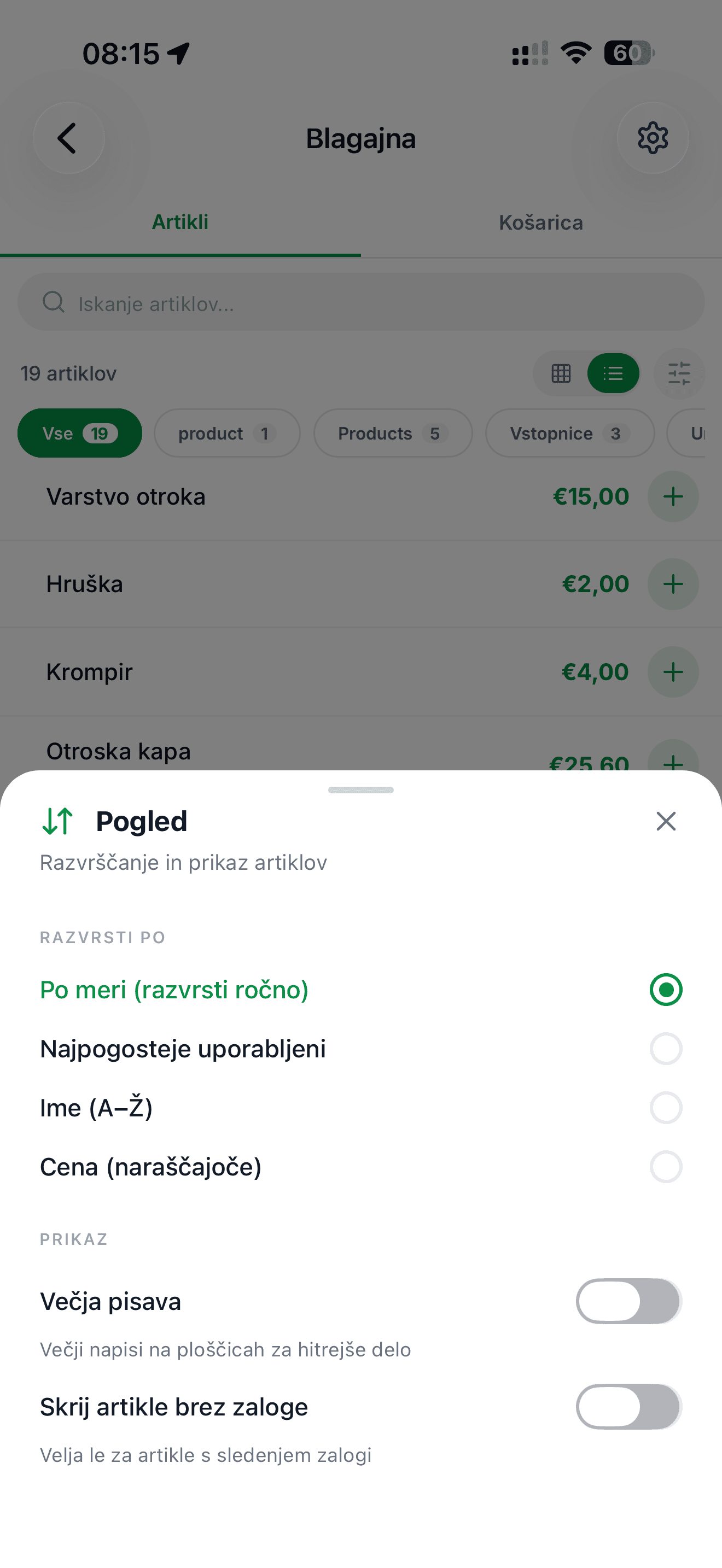 Razvrščanje artiklov po meri v mobilni POS blagajni Račun123