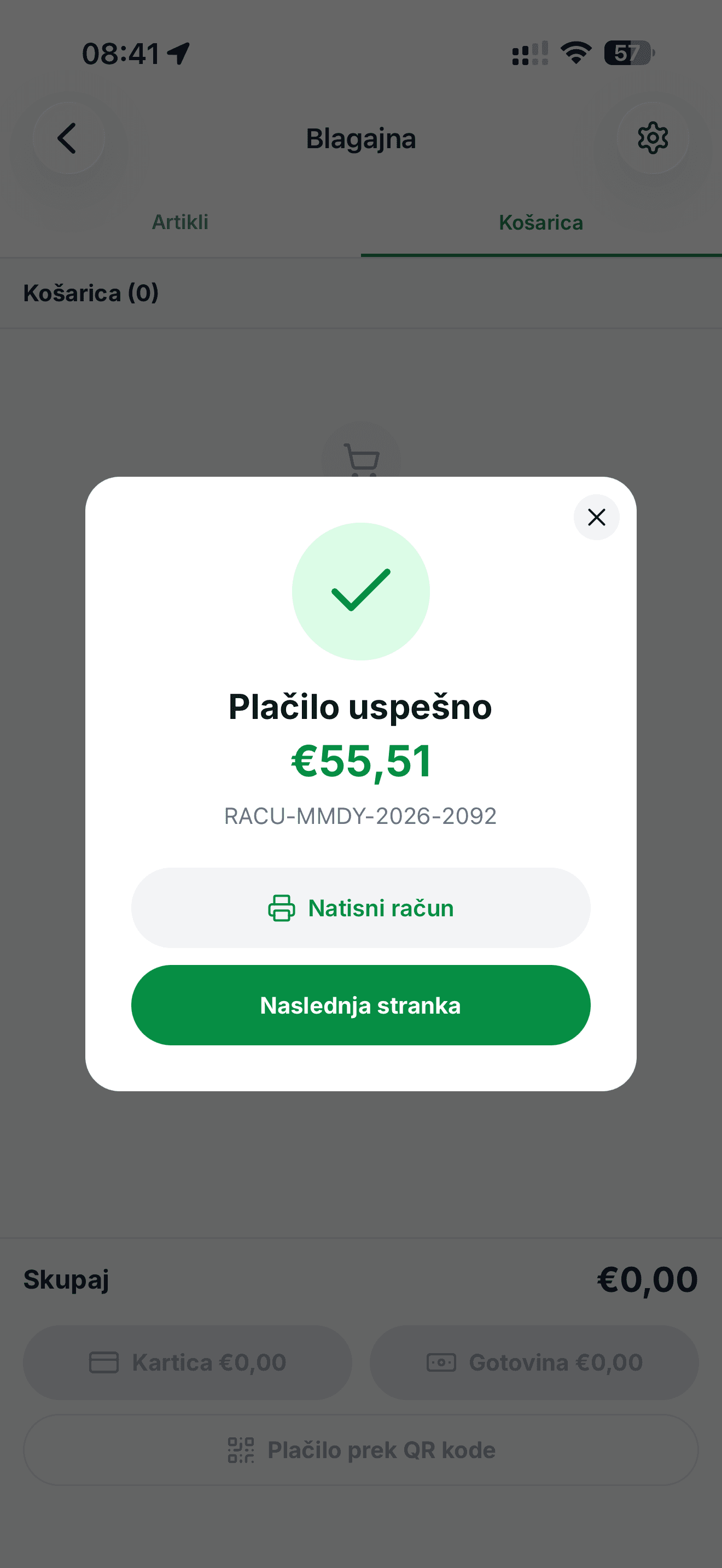 Mobilna POS blagajna Račun123 - uspešno plačilo in tisk računa