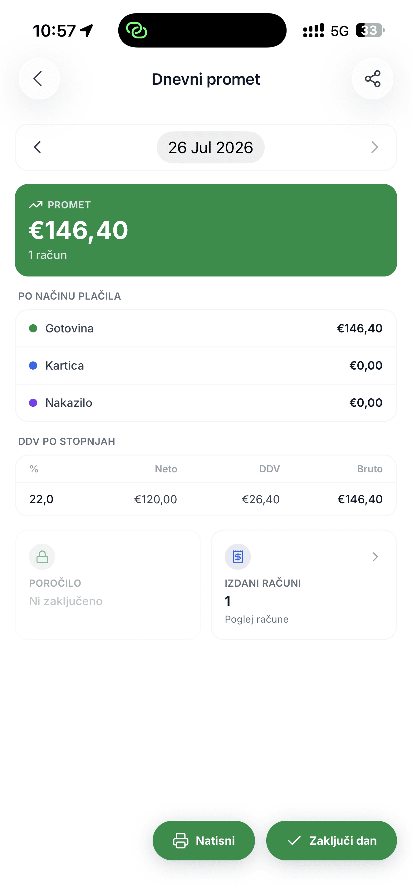 Mobilna POS blagajna Račun123 – pregled dnevnega prometa