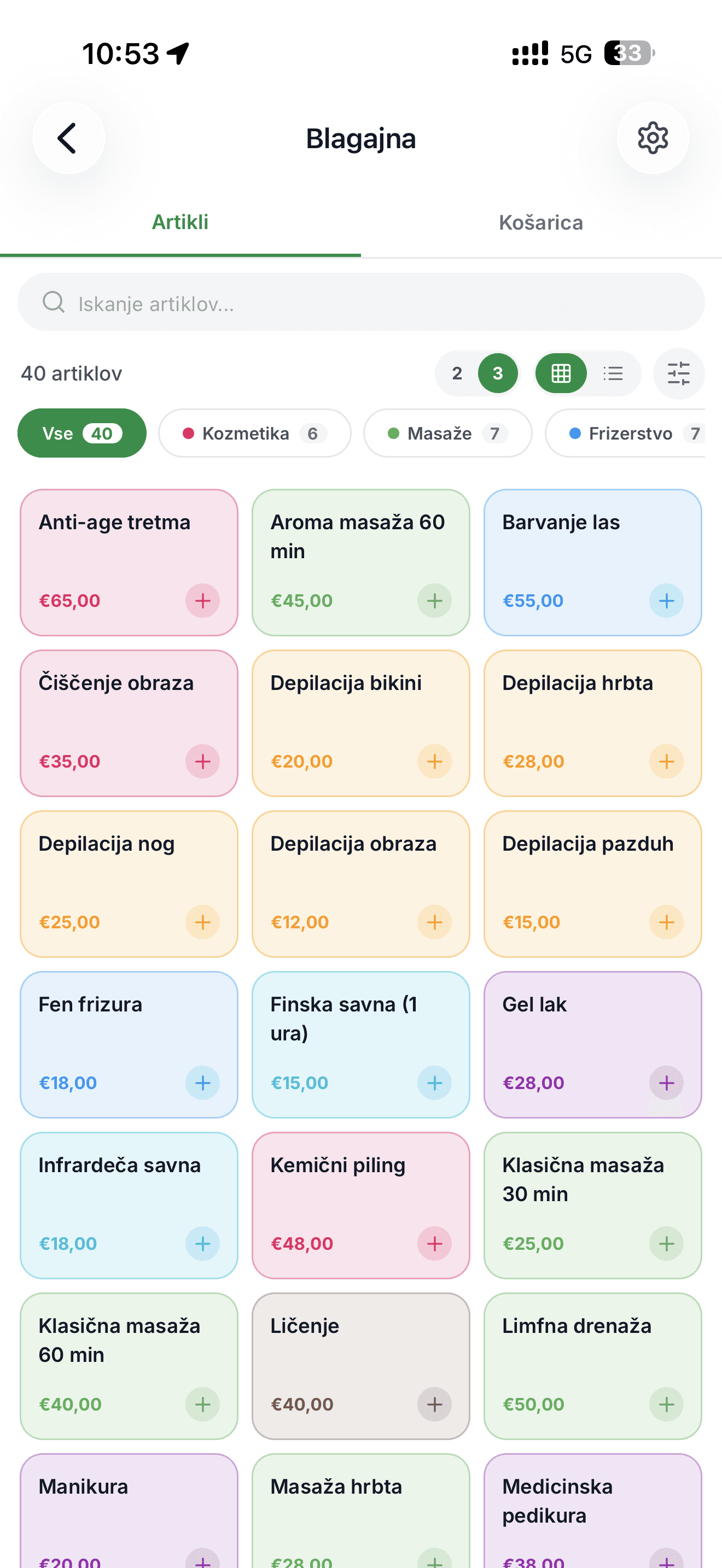 Mobilna POS blagajna Račun123 – izbira artiklov v blagajni