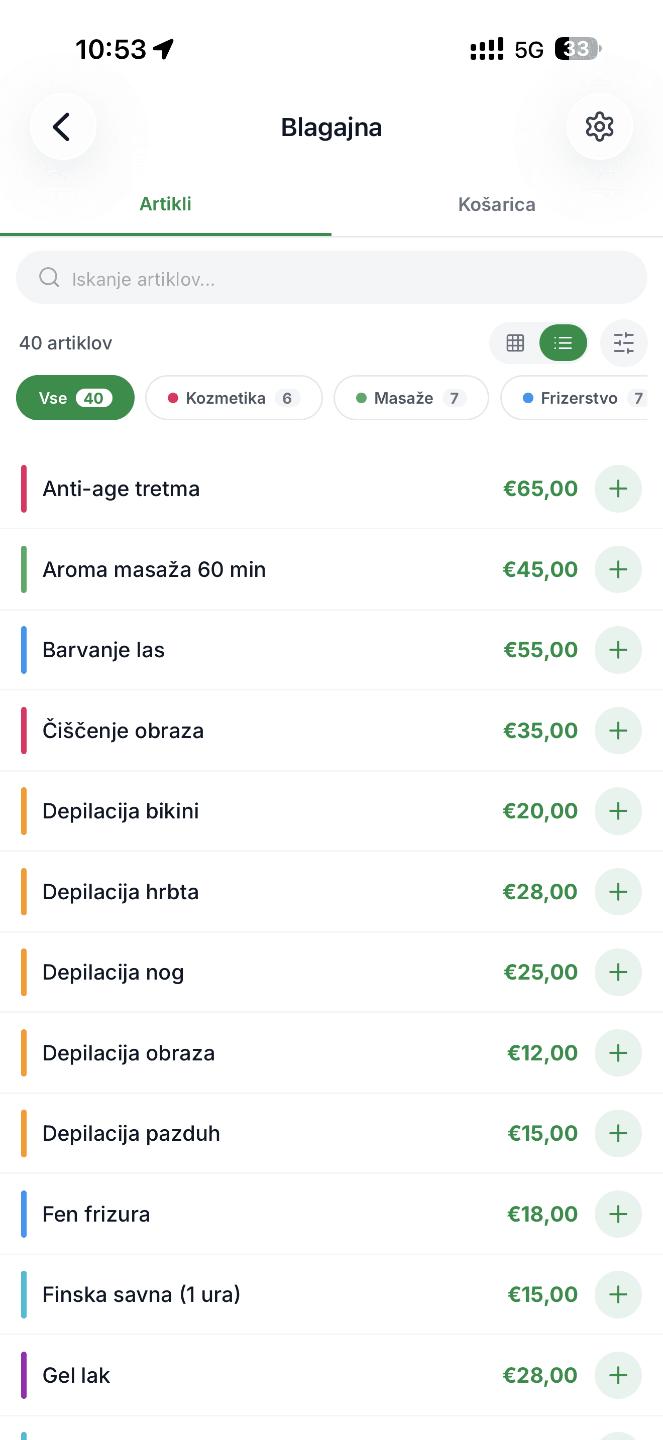 Mobilna POS blagajna Račun123 – pregled in seznam artiklov