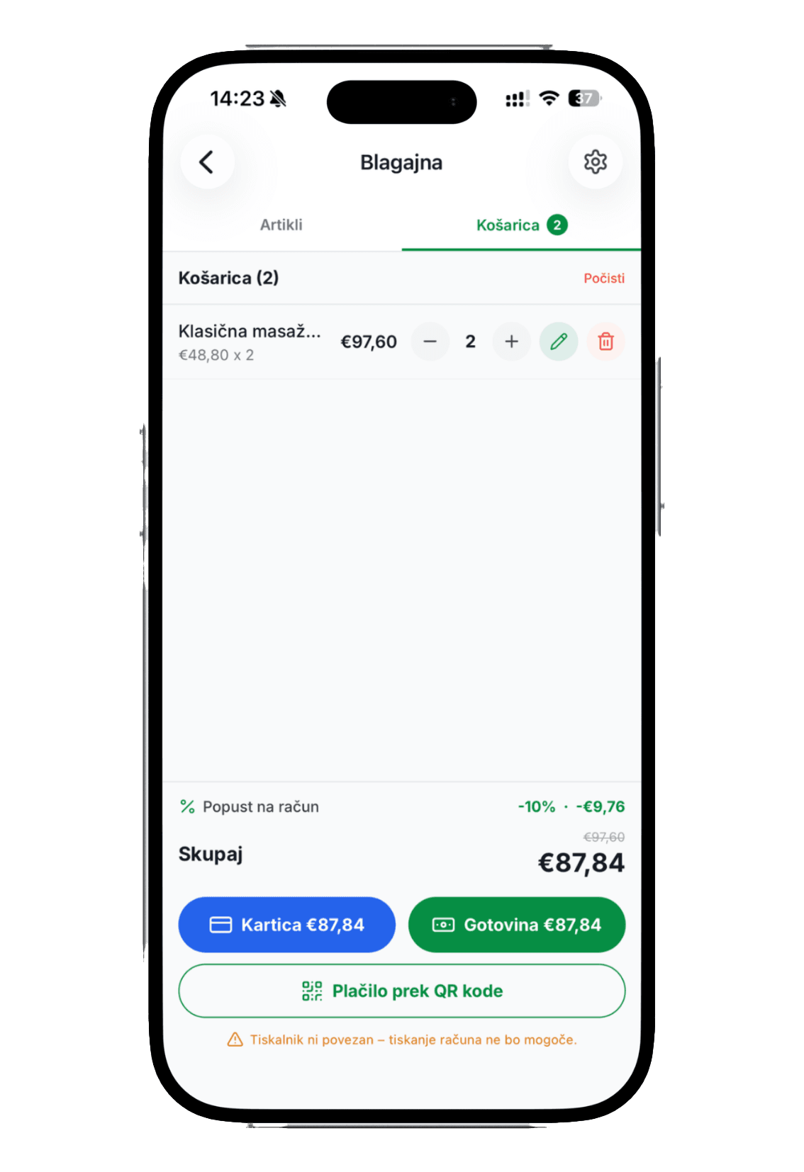Košarica v mobilni POS blagajni Račun123 z možnostmi plačila.