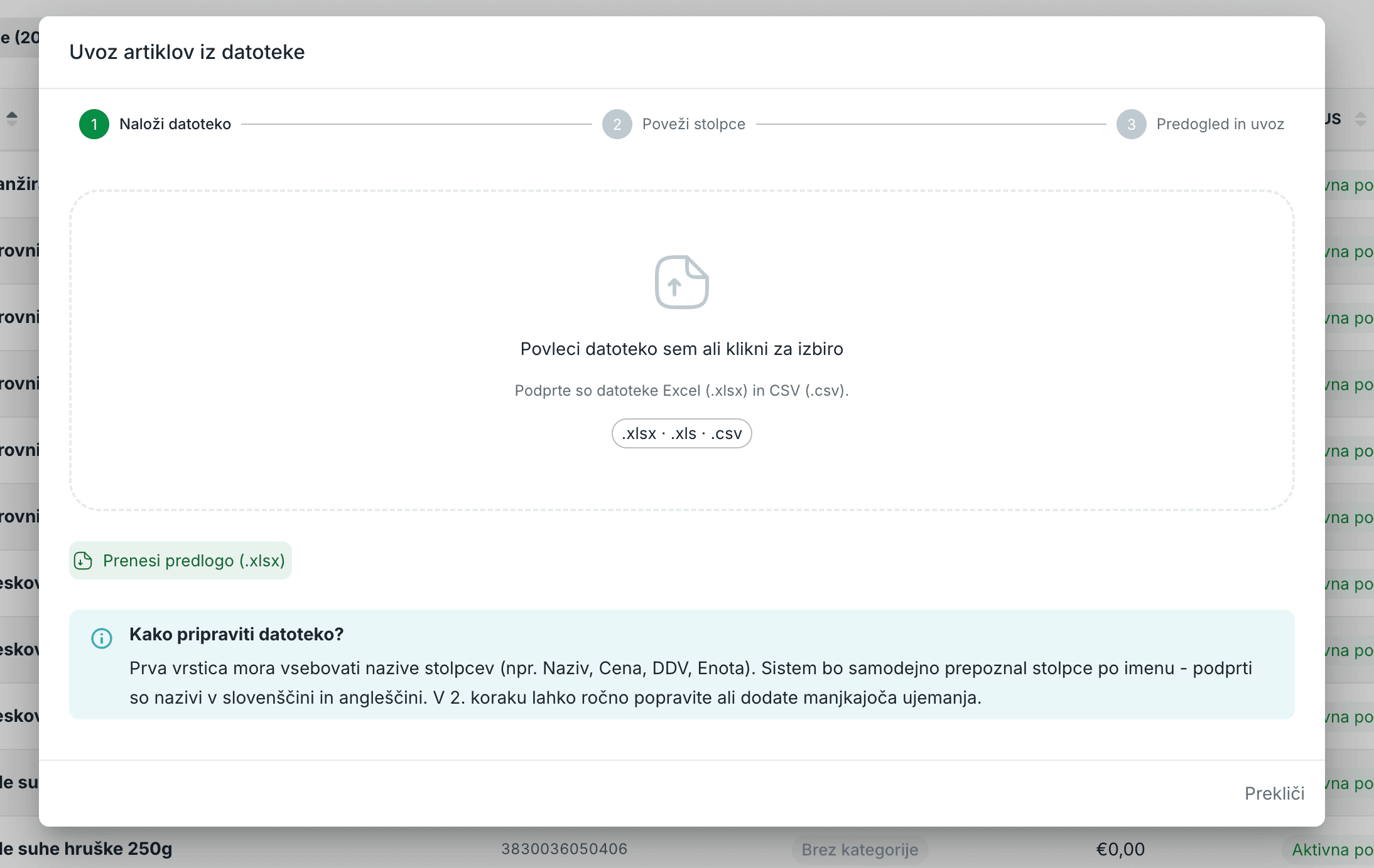 Uvoz artiklov in storitev v Račun123 iz Excel ali CSV datoteke