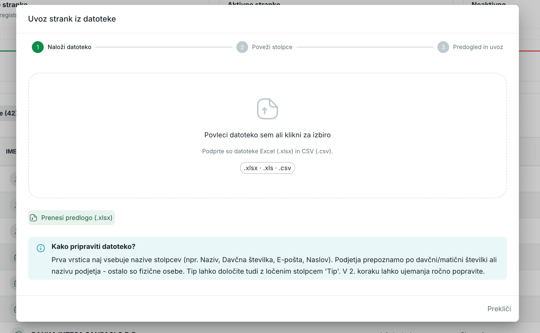 Uvoz strank v Račun123 iz Excel ali CSV datoteke