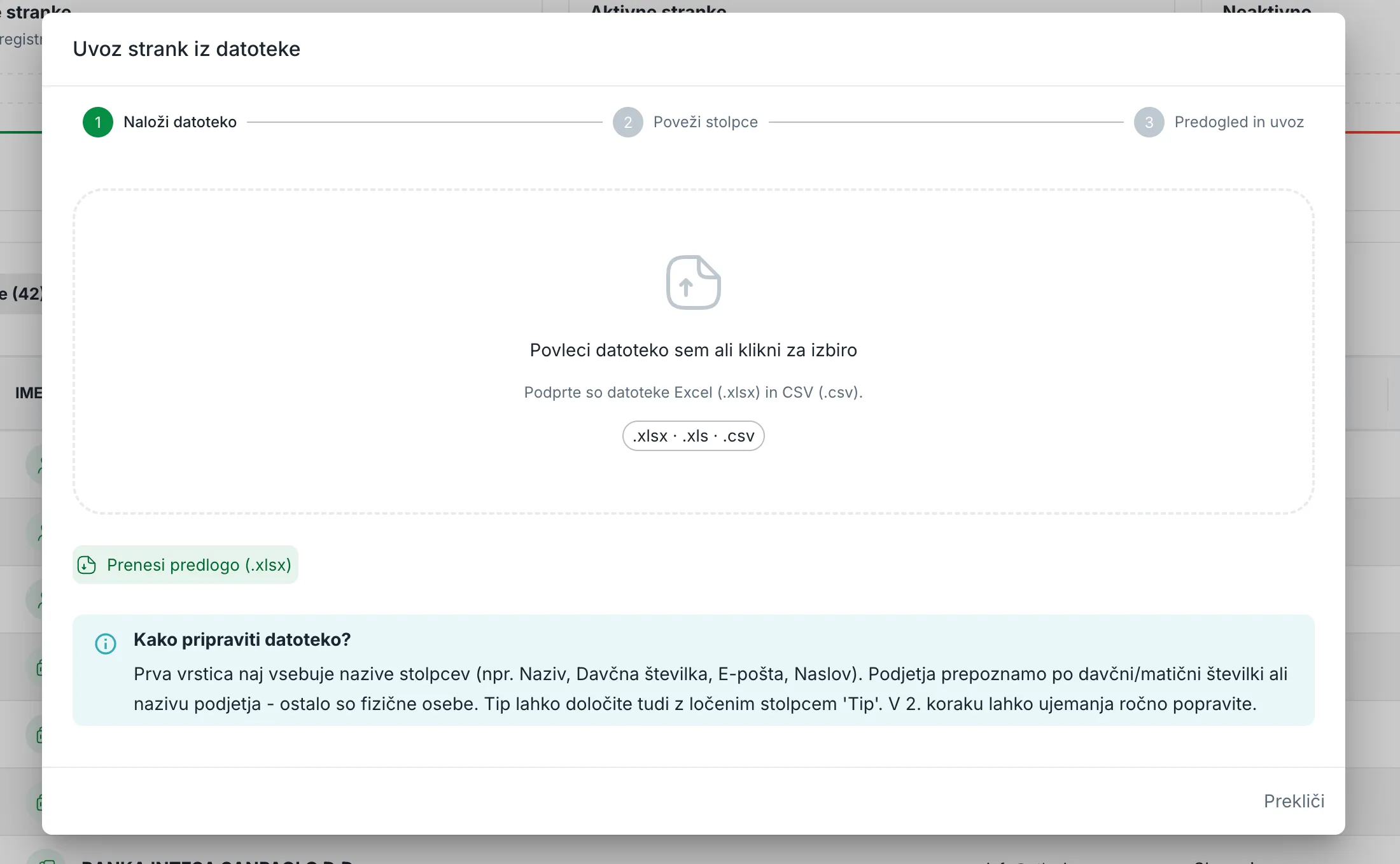 Uvoz strank v Račun123 iz Excel ali CSV datoteke