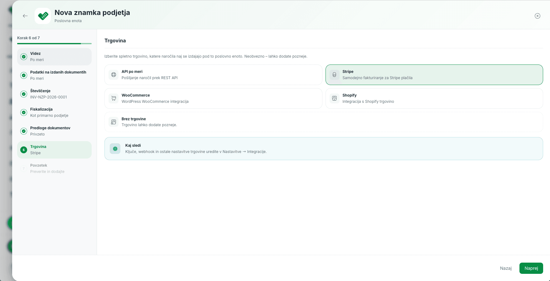 Stripe, WooCommerce, Shopify in API integracije za poslovne enote v Račun123