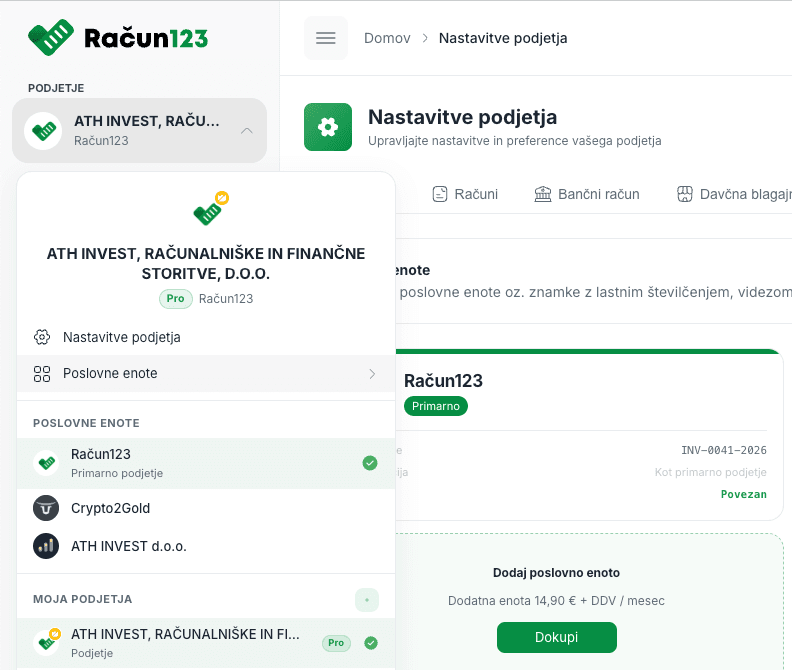 Preklapljanje med poslovnimi enotami in znamkami v Račun123